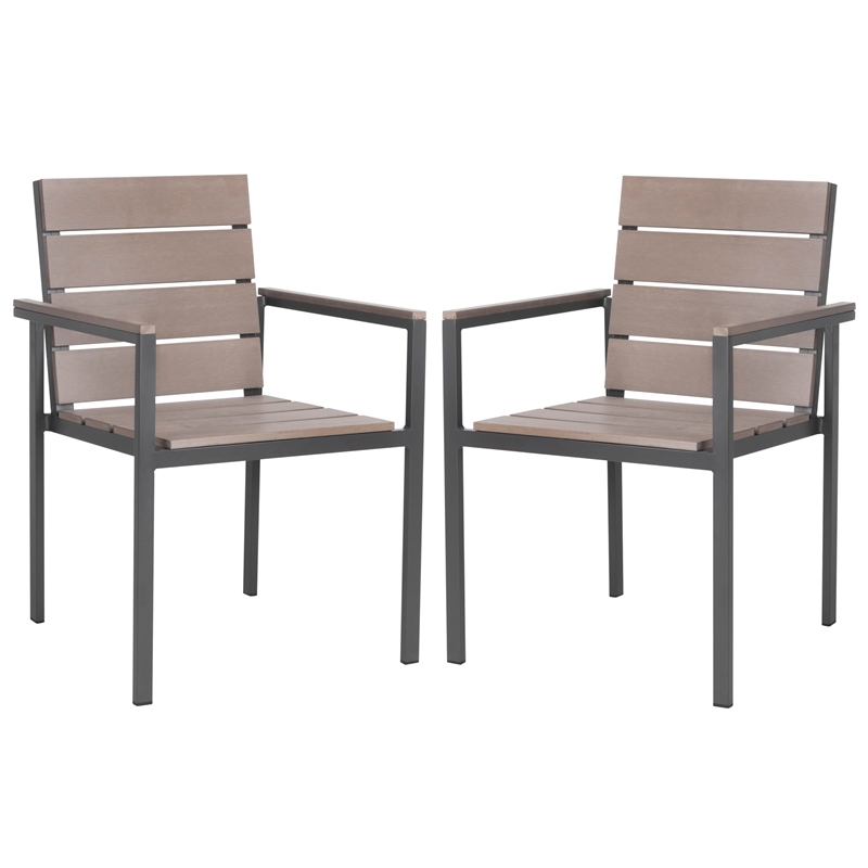 Pemberly Row Stackable Wood/Metal Outdoor Chairs in Taupe Gray (Set of 2)
