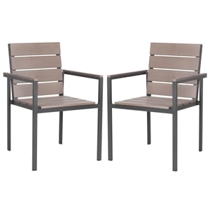 Pemberly Row Stackable Wood/Metal Outdoor Chairs in Taupe Gray (Set of 2)