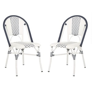 Pemberly Row Rattan/Metal Stackable Bistro Chairs in Navy and White (Set of 2)