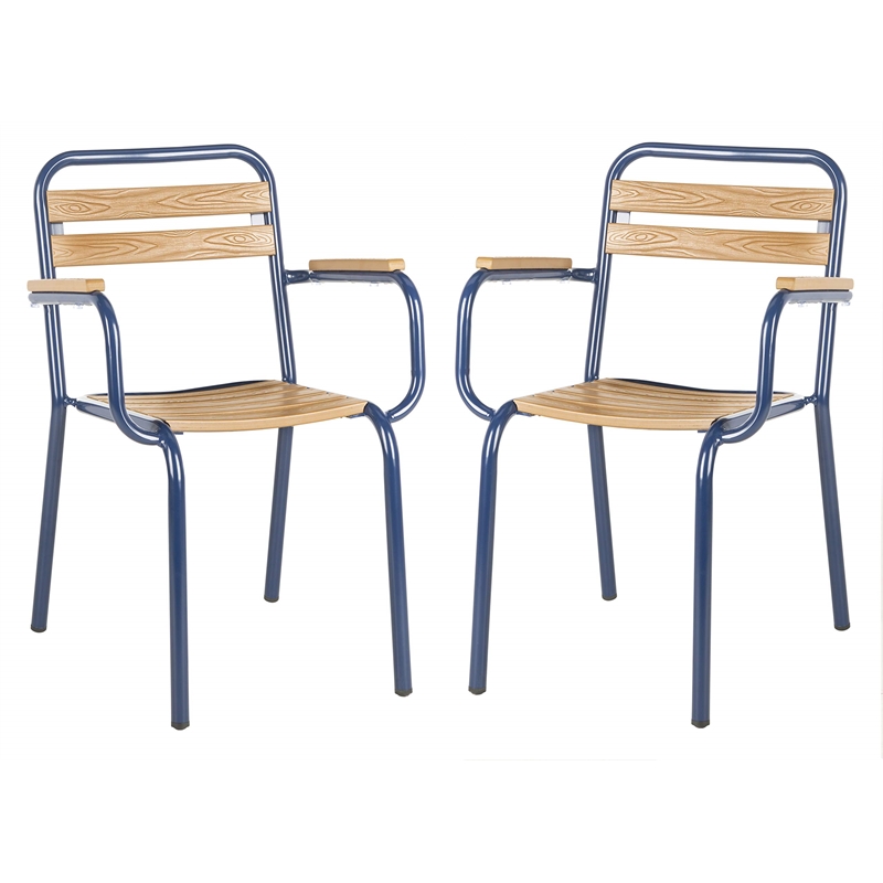 Pemberly Row Wood/Metal Patio Stackable Chairs in Navy and Brown (Set of 2)