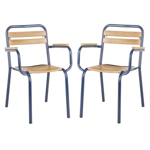 Pemberly Row Wood/Metal Patio Stackable Chairs in Navy and Brown (Set of 2)