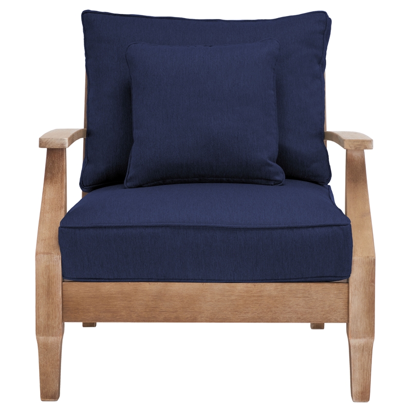 Pemberly Row Eucalyptus Wood Outdoor Armchair in Natural / Navy