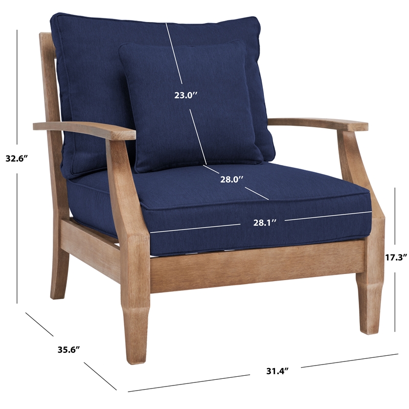 Pemberly Row Eucalyptus Wood Outdoor Armchair in Natural / Navy