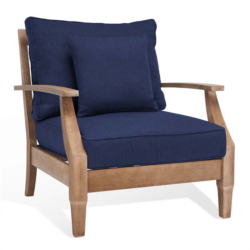 Pemberly Row Eucalyptus Wood Outdoor Armchair in Natural / Navy