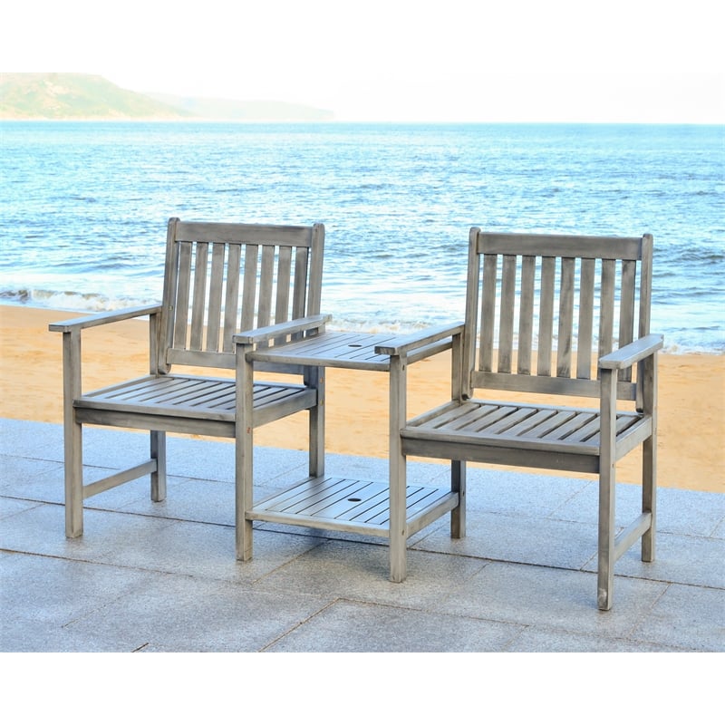 Pemberly Row Acacia Wood and Galvanized Steel Twin Seat Bench in Gray