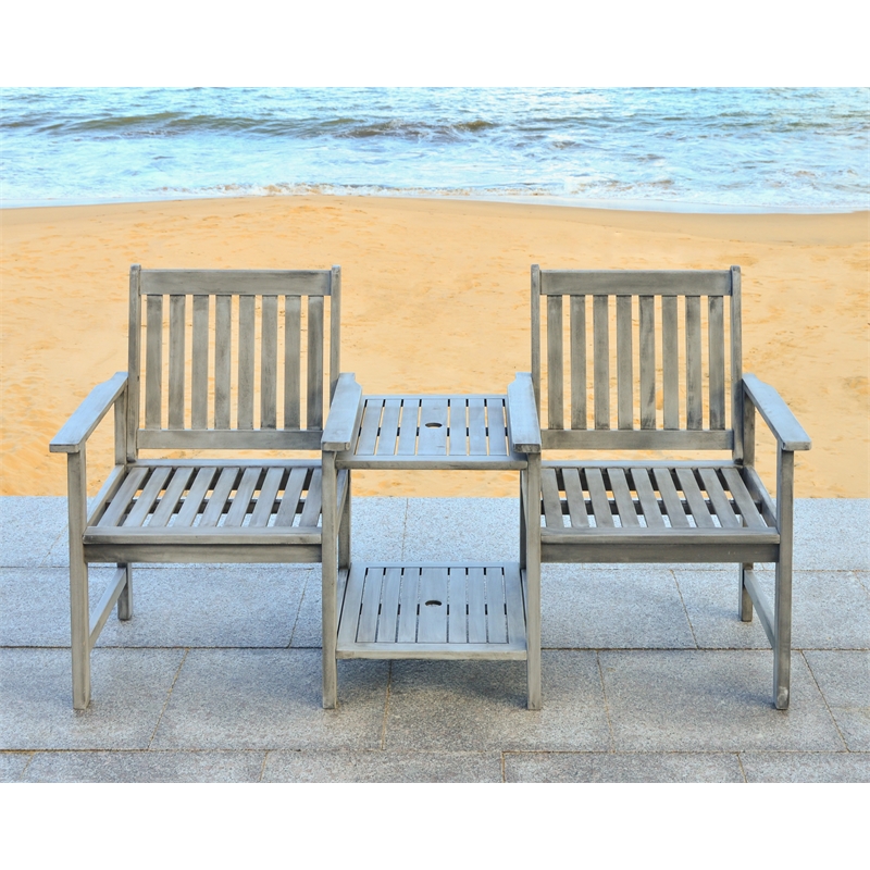 Pemberly Row Acacia Wood and Galvanized Steel Twin Seat Bench in Gray