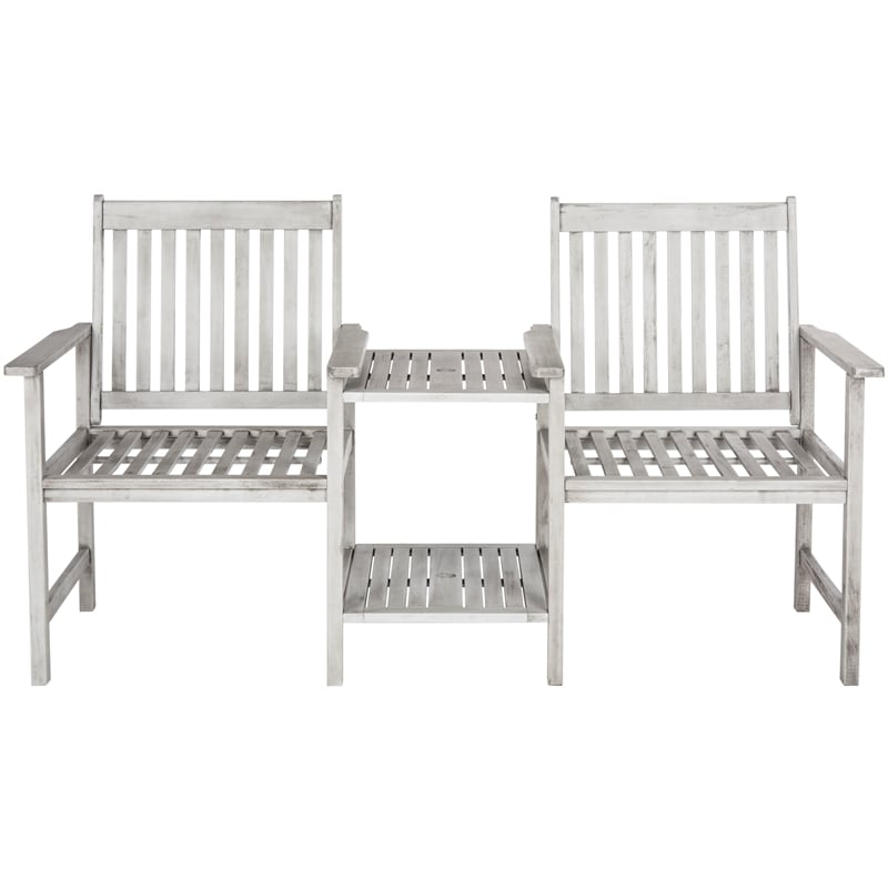 Pemberly Row Acacia Wood and Galvanized Steel Twin Seat Bench in Gray