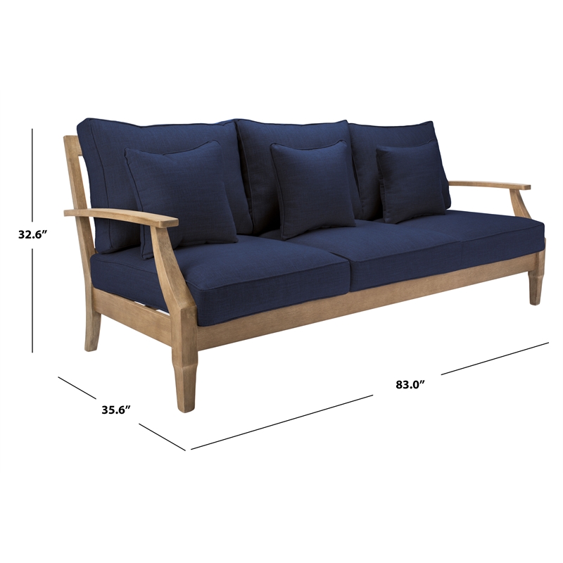 Pemberly Row Eucalyptus Wood Outdoor Sofa in Natural / Navy with Cushions