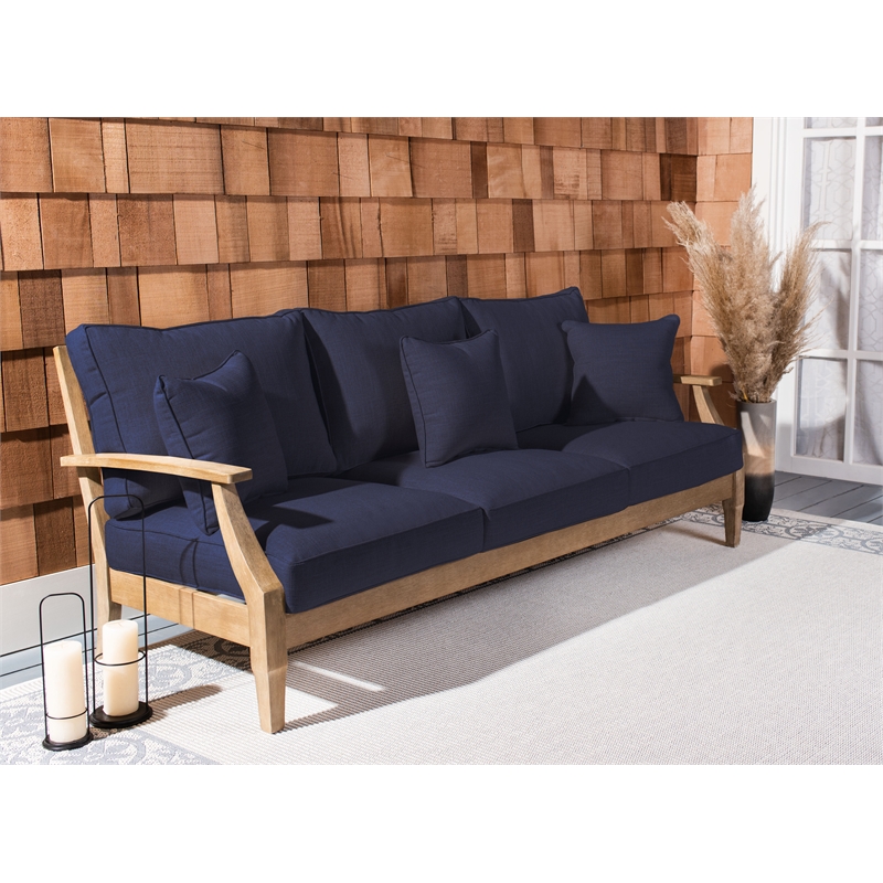 Pemberly Row Eucalyptus Wood Outdoor Sofa in Natural / Navy with Cushions
