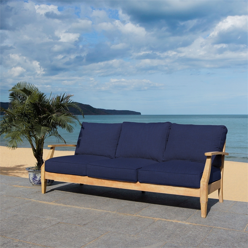 Pemberly Row Eucalyptus Wood Outdoor Sofa in Natural / Navy with Cushions
