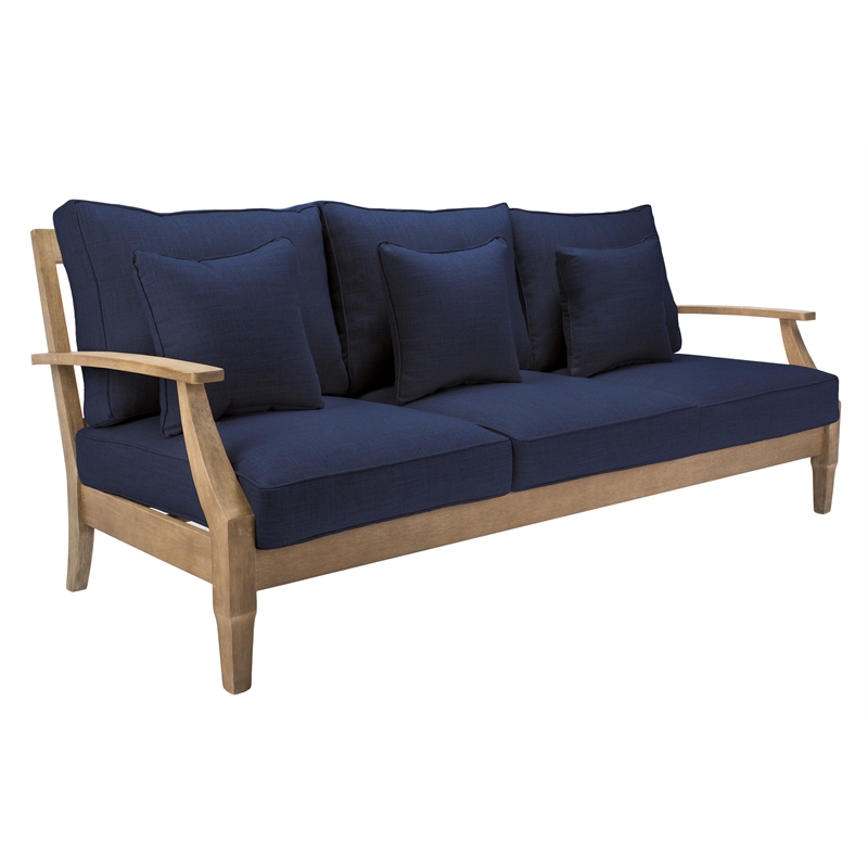 Pemberly Row Eucalyptus Wood Outdoor Sofa in Natural / Navy with Cushions