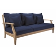Pemberly Row Eucalyptus Wood Outdoor Sofa in Natural / Navy with Cushions