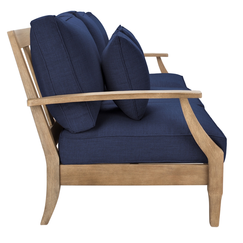 Pemberly Row Eucalyptus Wood Outdoor Sofa in Natural / Navy with Cushions