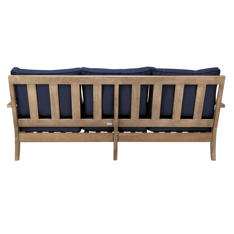 Pemberly Row Eucalyptus Wood Outdoor Sofa in Natural / Navy with Cushions