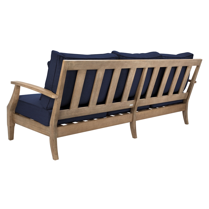 Pemberly Row Eucalyptus Wood Outdoor Sofa in Natural / Navy with Cushions