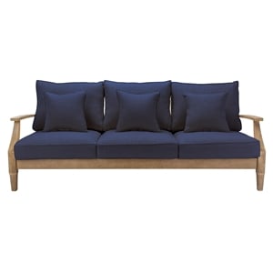 Pemberly Row Eucalyptus Wood Outdoor Sofa in Natural / Navy with Cushions