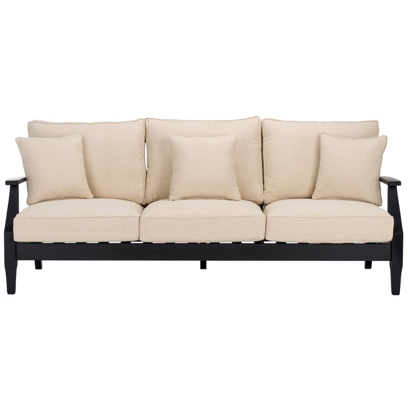 Pemberly Row Eucalyptus Wood Outdoor Sofa in Black / White with Cushions