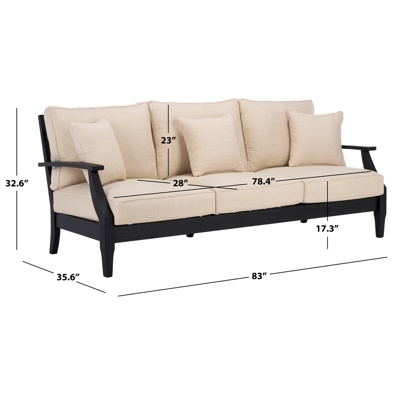 Pemberly Row Eucalyptus Wood Outdoor Sofa in Black / White with Cushions