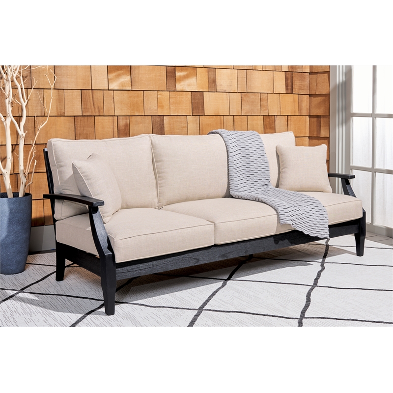 Pemberly Row Eucalyptus Wood Outdoor Sofa in Black / White with Cushions