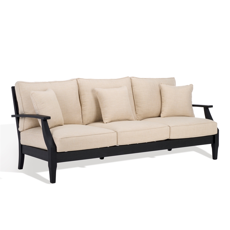 Pemberly Row Eucalyptus Wood Outdoor Sofa in Black / White with Cushions