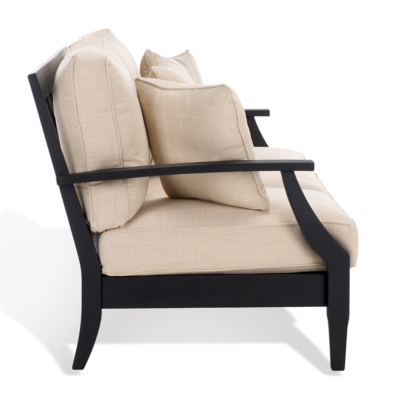 Pemberly Row Eucalyptus Wood Outdoor Sofa in Black / White with Cushions