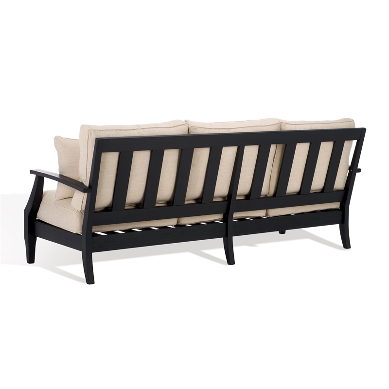 Pemberly Row Eucalyptus Wood Outdoor Sofa in Black / White with Cushions