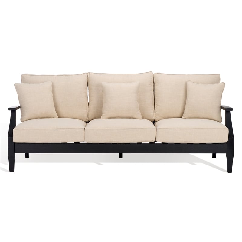 Pemberly Row Eucalyptus Wood Outdoor Sofa in Black / White with Cushions