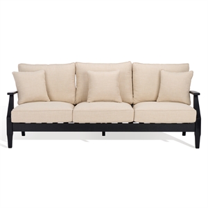 Pemberly Row Eucalyptus Wood Outdoor Sofa in Black / White with Cushions