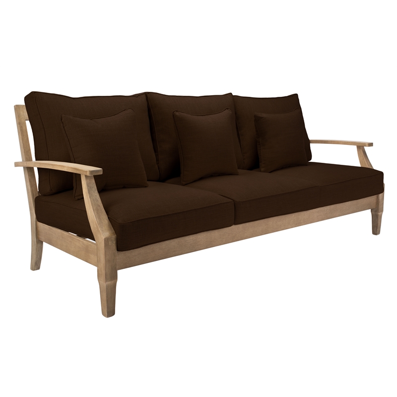 Pemberly Row Eucalyptus Wood Outdoor Sofa with Cushions in Natural / Brown