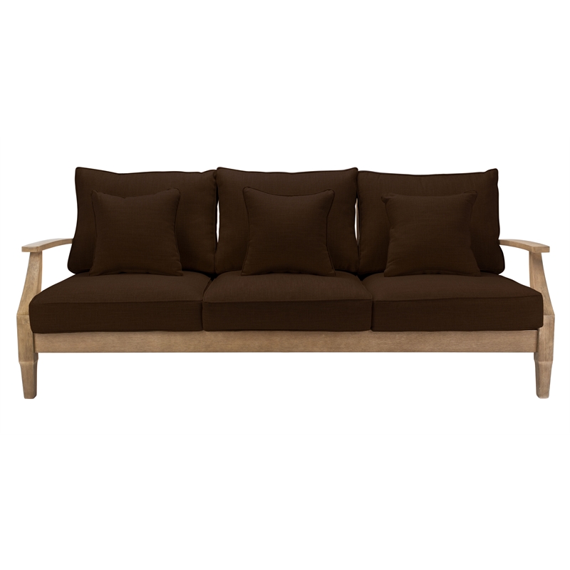 Pemberly Row Eucalyptus Wood Outdoor Sofa with Cushions in Natural / Brown