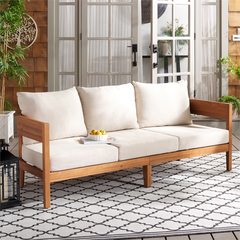 Pemberly Row Teak Wood and Polyester Outdoor Sofa in Natural / Taupe