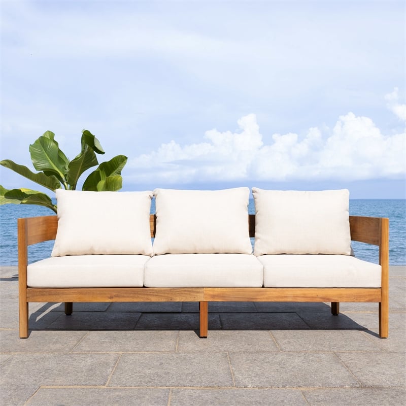 Pemberly Row Teak Wood and Polyester Outdoor Sofa in Natural / Taupe