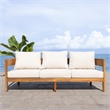 Pemberly Row Teak Wood and Polyester Outdoor Sofa in Natural / Taupe