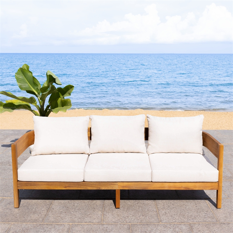 Pemberly Row Teak Wood and Polyester Outdoor Sofa in Natural / Taupe