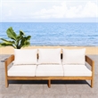 Pemberly Row Teak Wood and Polyester Outdoor Sofa in Natural / Taupe