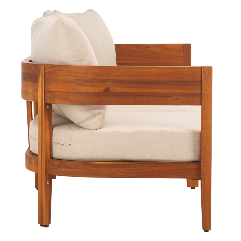 Pemberly Row Teak Wood and Polyester Outdoor Sofa in Natural / Taupe