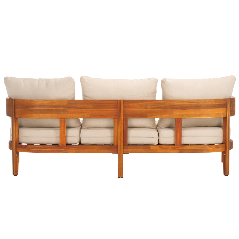 Pemberly Row Teak Wood and Polyester Outdoor Sofa in Natural / Taupe