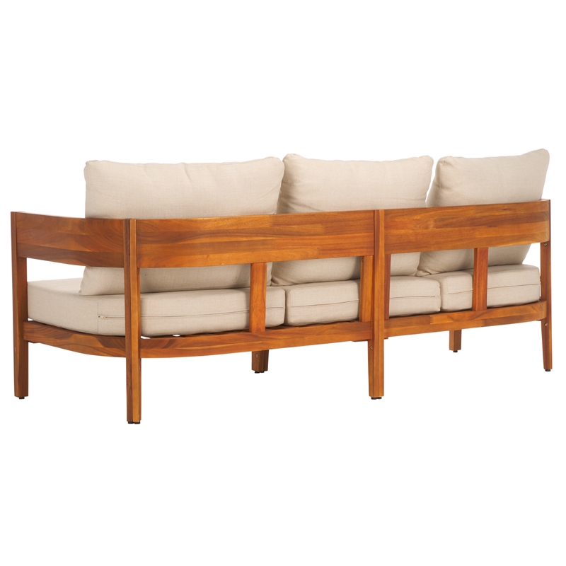 Pemberly Row Teak Wood and Polyester Outdoor Sofa in Natural / Taupe