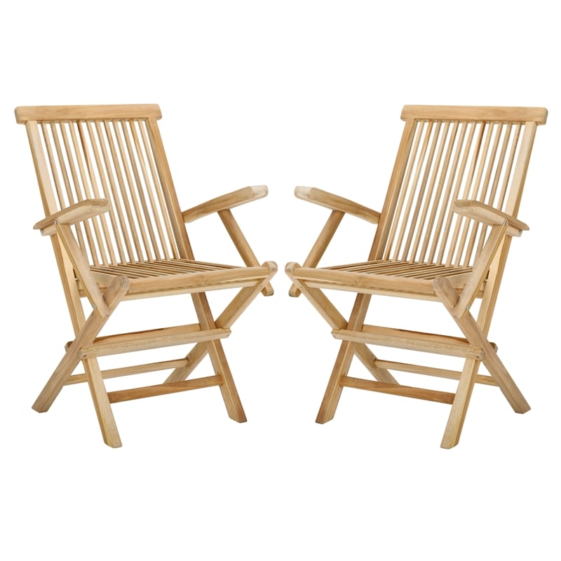 Pemberly Row Teak Wood and Brass Folding Arm Chair in Natural