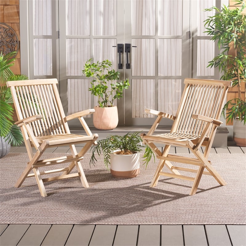 Pemberly Row Teak Wood and Brass Folding Arm Chair in Natural