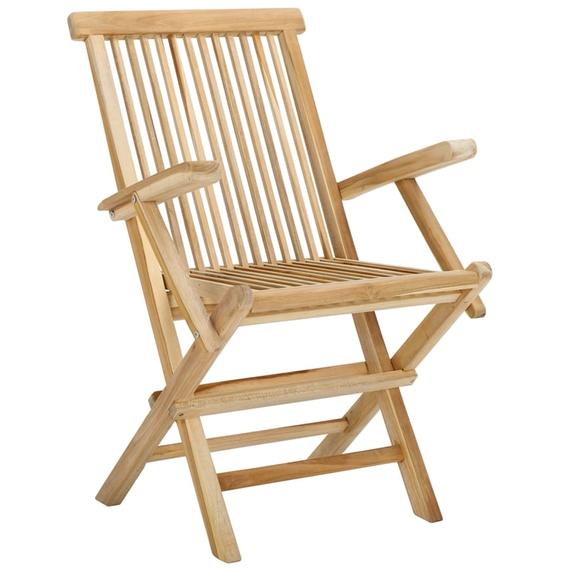 Pemberly Row Teak Wood and Brass Folding Arm Chair in Natural