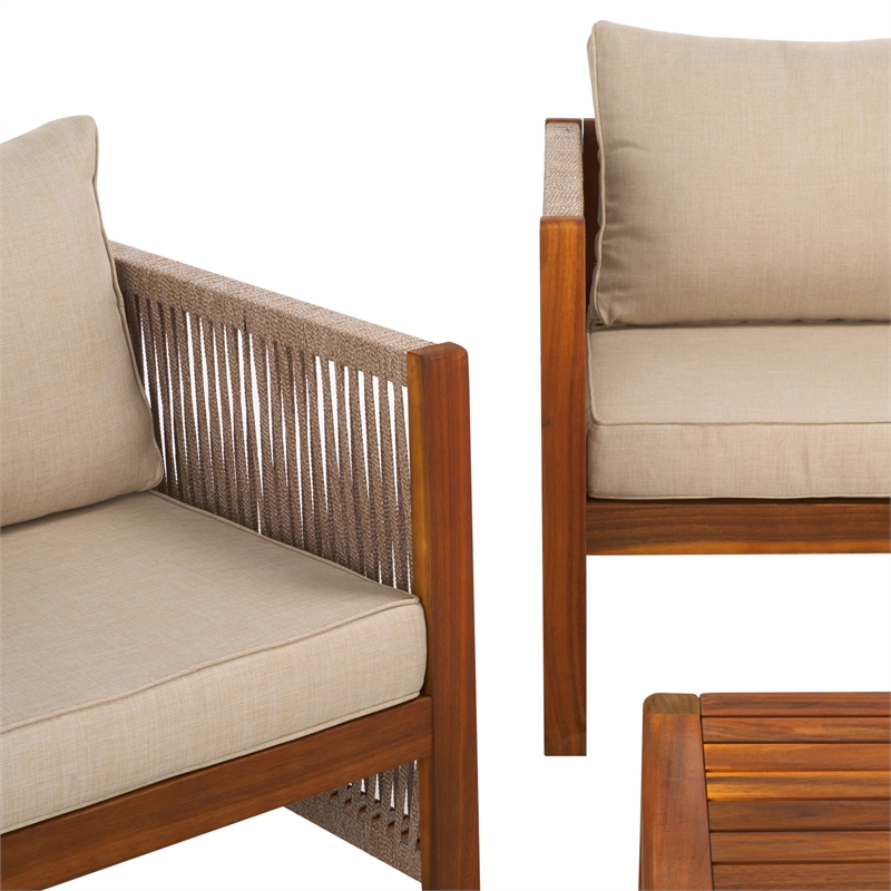 Pemberly Row Acacia Wood and Polyester Living Set in Natural / Taupe