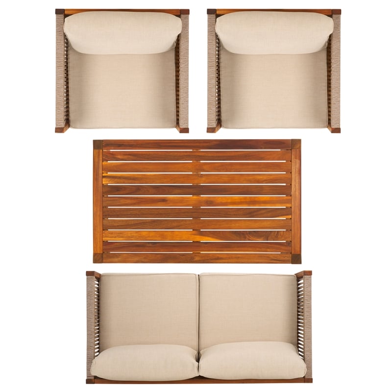 Pemberly Row Acacia Wood and Polyester Living Set in Natural / Taupe