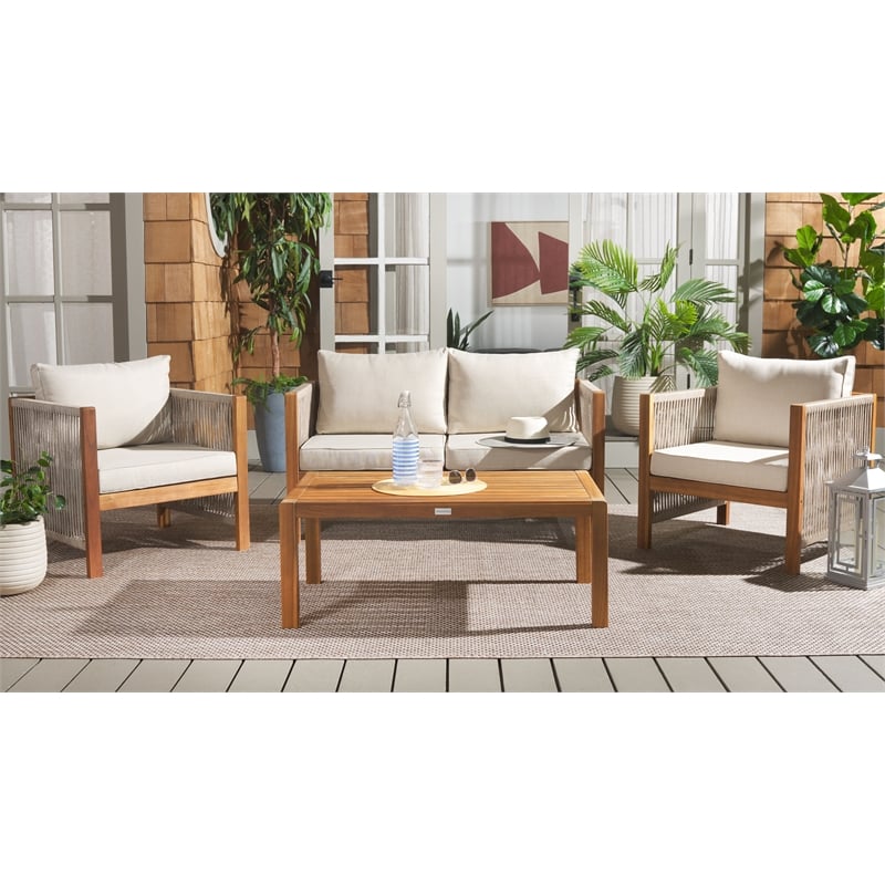 Pemberly Row Acacia Wood and Polyester Living Set in Natural / Taupe