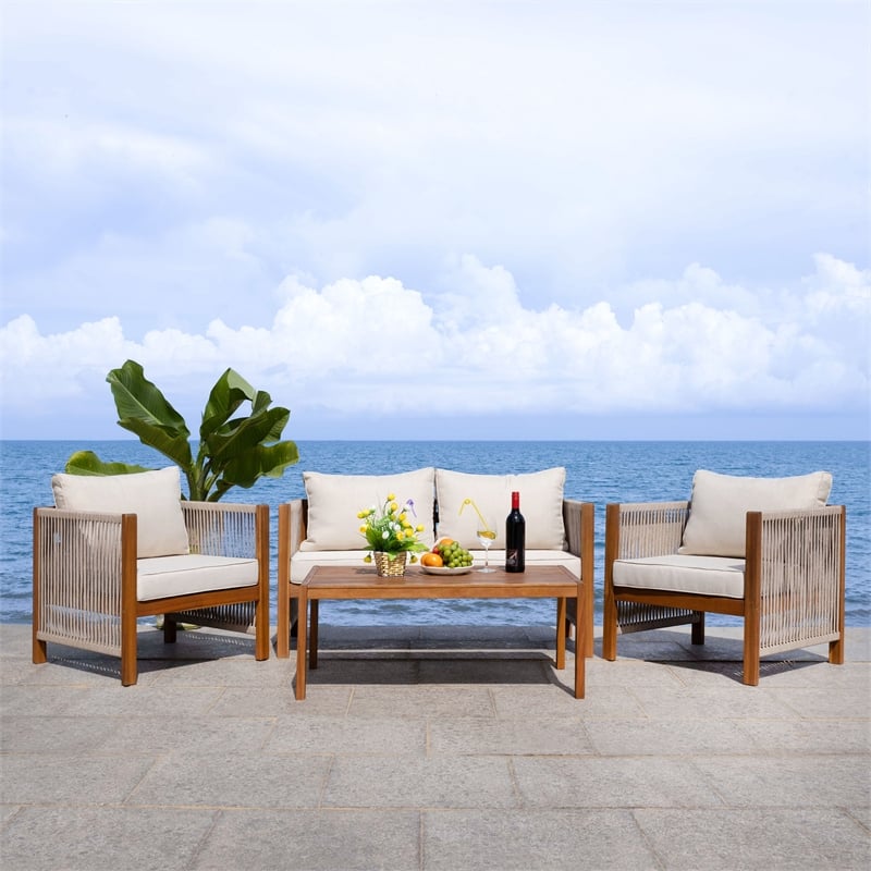 Pemberly Row Acacia Wood and Polyester Living Set in Natural / Taupe