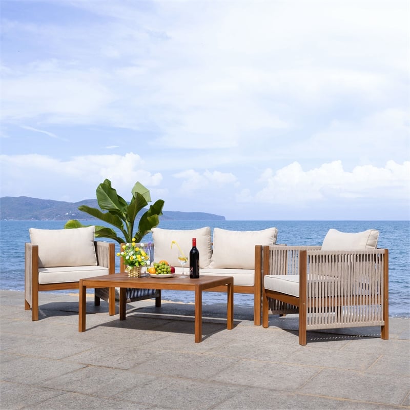 Pemberly Row Acacia Wood and Polyester Living Set in Natural / Taupe