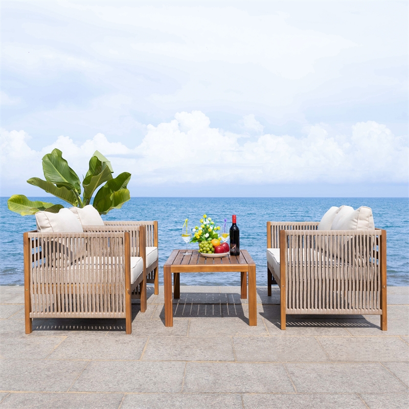 Pemberly Row Acacia Wood and Polyester Living Set in Natural / Taupe