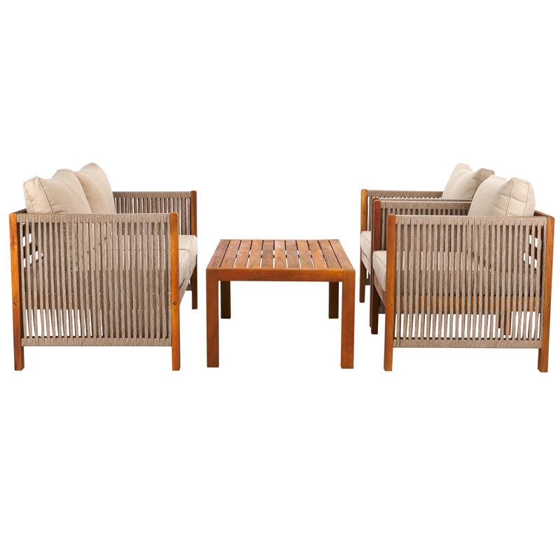 Pemberly Row Acacia Wood and Polyester Living Set in Natural / Taupe