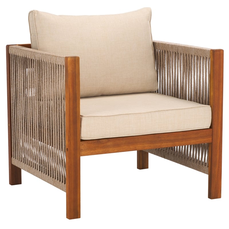 Pemberly Row Acacia Wood and Polyester Living Set in Natural / Taupe