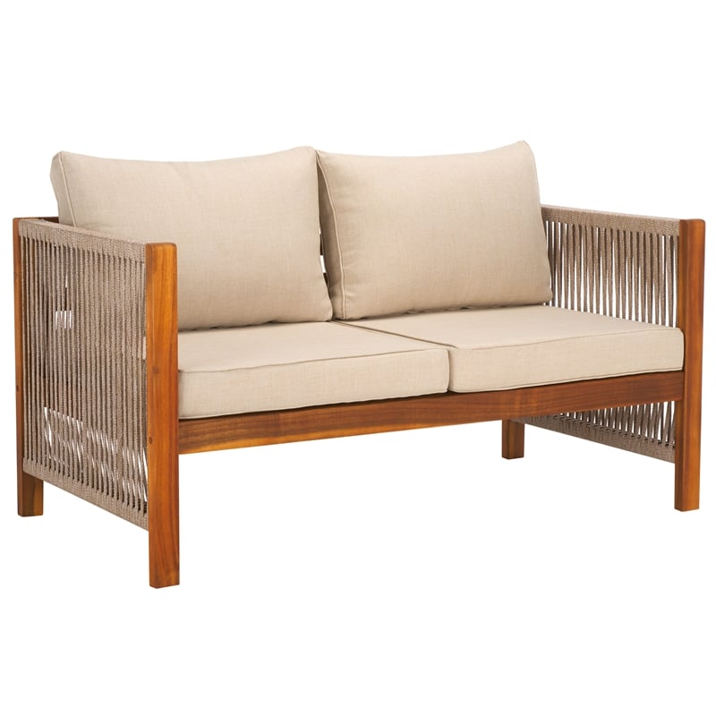 Pemberly Row Acacia Wood and Polyester Living Set in Natural / Taupe